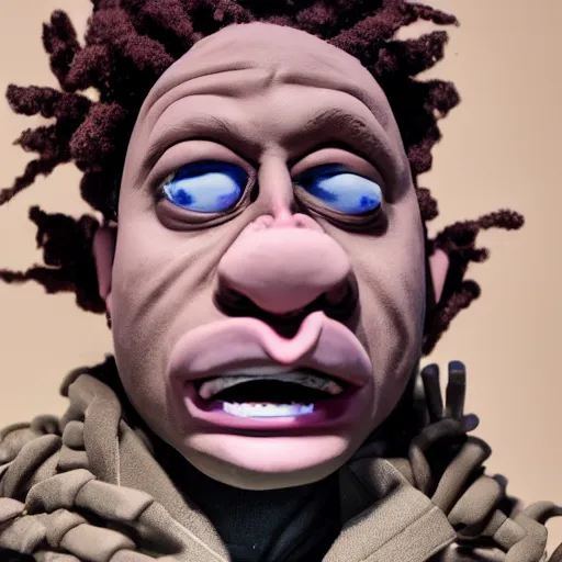 Image similar to a cinematic photograph still of trippie redd made out of clay, in claymation