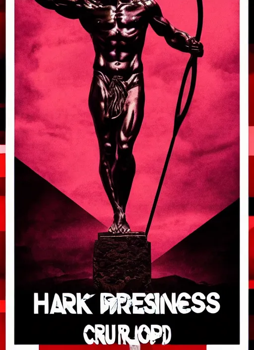 Image similar to dark design poster showing a statue of hercules, black background with very subtle red and purple design elements, powerful, nekro, guido crepax, graphic design, thin lines, dark, glitch art, neo vaporwave, gritty, layout frame, square, trending on artstation