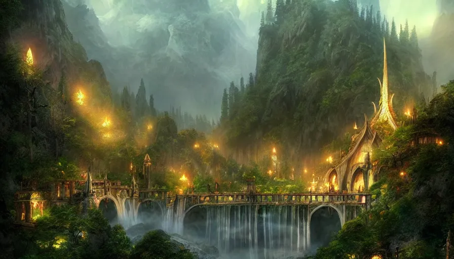 Image similar to Rivendell, the famous elven city, build by Elrond, realistic artwork, artstation, atmospheric lighting
