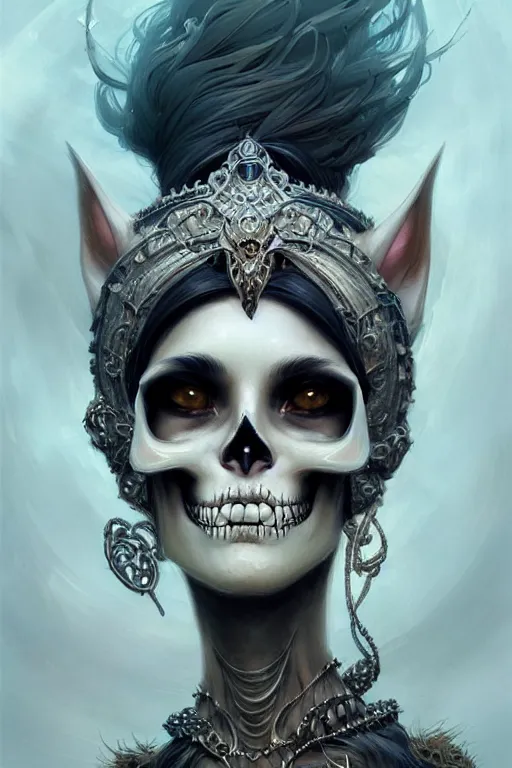 Prompt: stunning goddess skull cats, portrait, skull, fantasy, intricate, elegant, highly detailed, digital painting, artstation, conceptual art, soft, sharp focus, illustration, art by afshar petros and cushart krenz and demura artem and tony sandoval, fine art