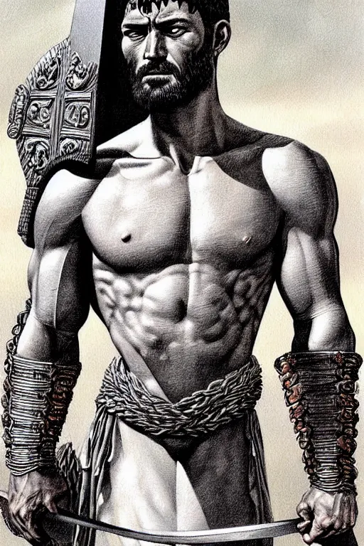 Image similar to Gladiator, muscular, detailed face, correct face, painting by Moebius