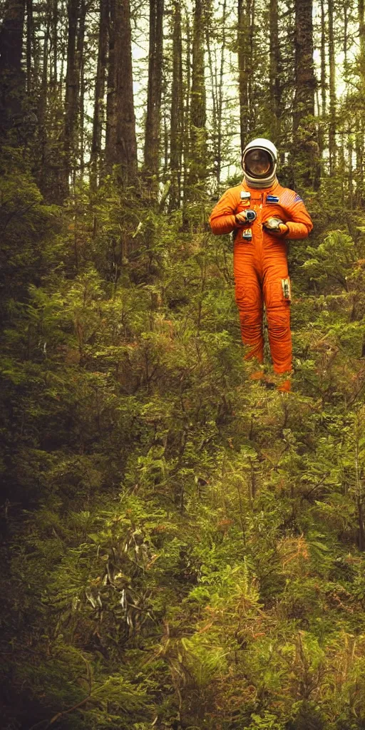 Prompt: american astronaut in orange suite, in the forest plants environment wide angle cinematic lighting atmospheric realistic octane render highly detailed in th