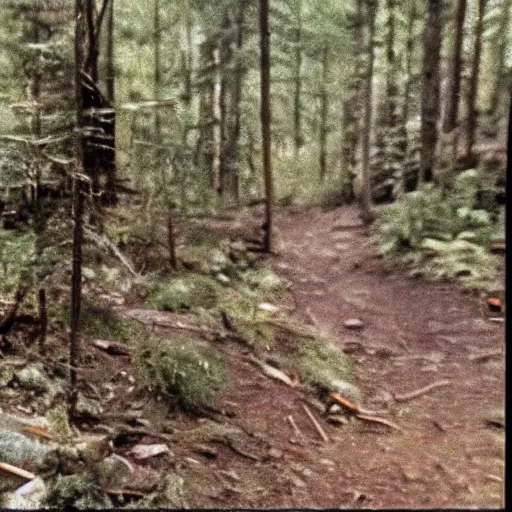 Image similar to a screen capture of found footage video left behind by a missing hiker in 1 9 8 6