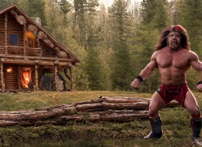 Image similar to film still of the Ultimate Warrior WWF in a log cabin in the new MANDY movie, 4k