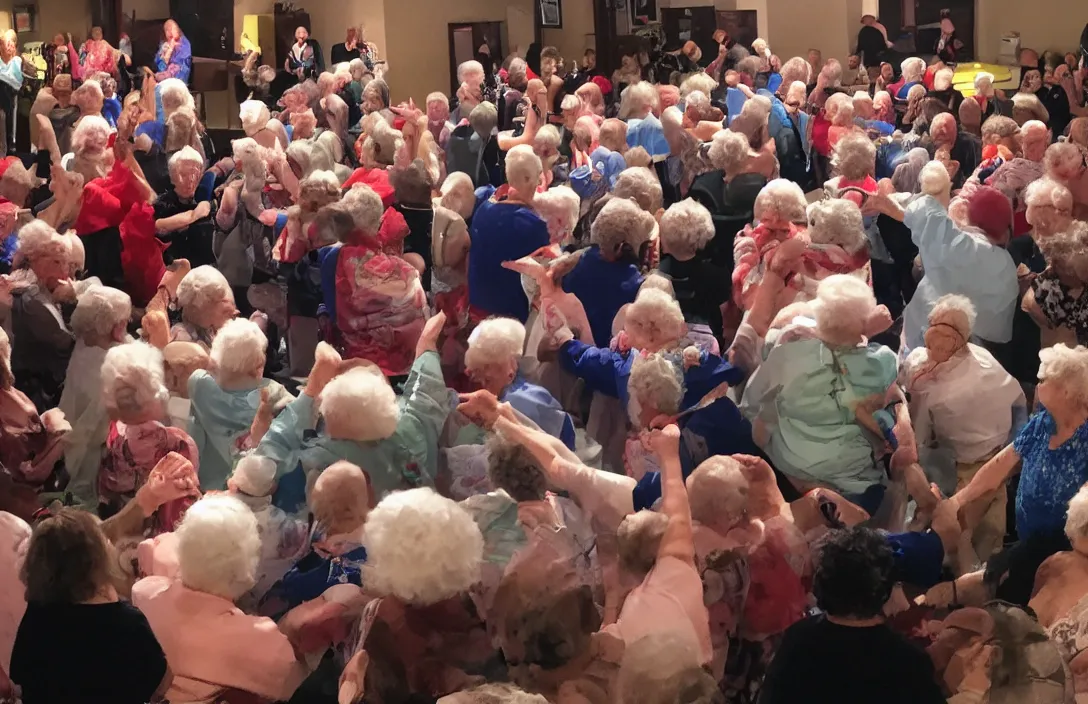 Prompt: a nursing home mosh pit with flashing lights