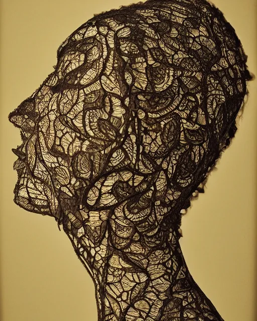 Image similar to a woman's face in profile, made of intricate decorative lace leaf, in the style of the dutch masters and gregory crewdson, dark and moody