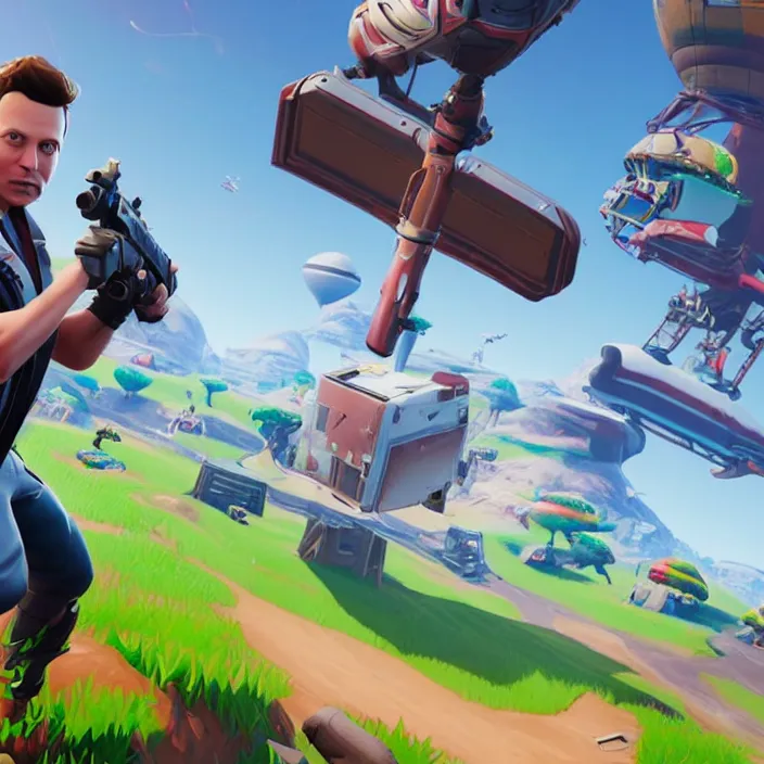 Prompt: elon musk in the video game fortnite, elon musk as a fortnite character, 3 d rendering, unreal engine, very detailed, gameplay screenshot