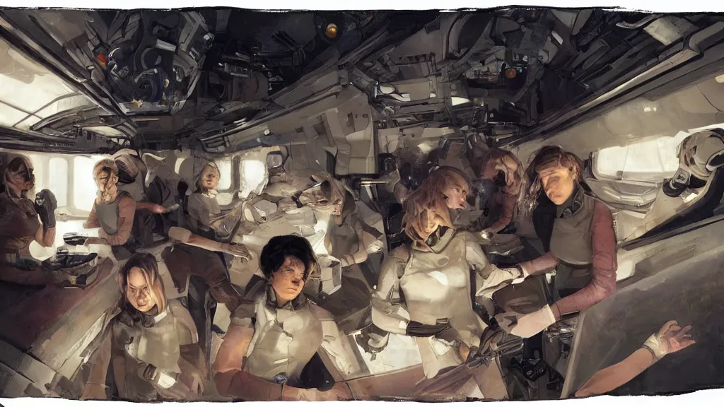 Image similar to all - female crew in a minimalistic, dark ( spaceship ), by jon foster.