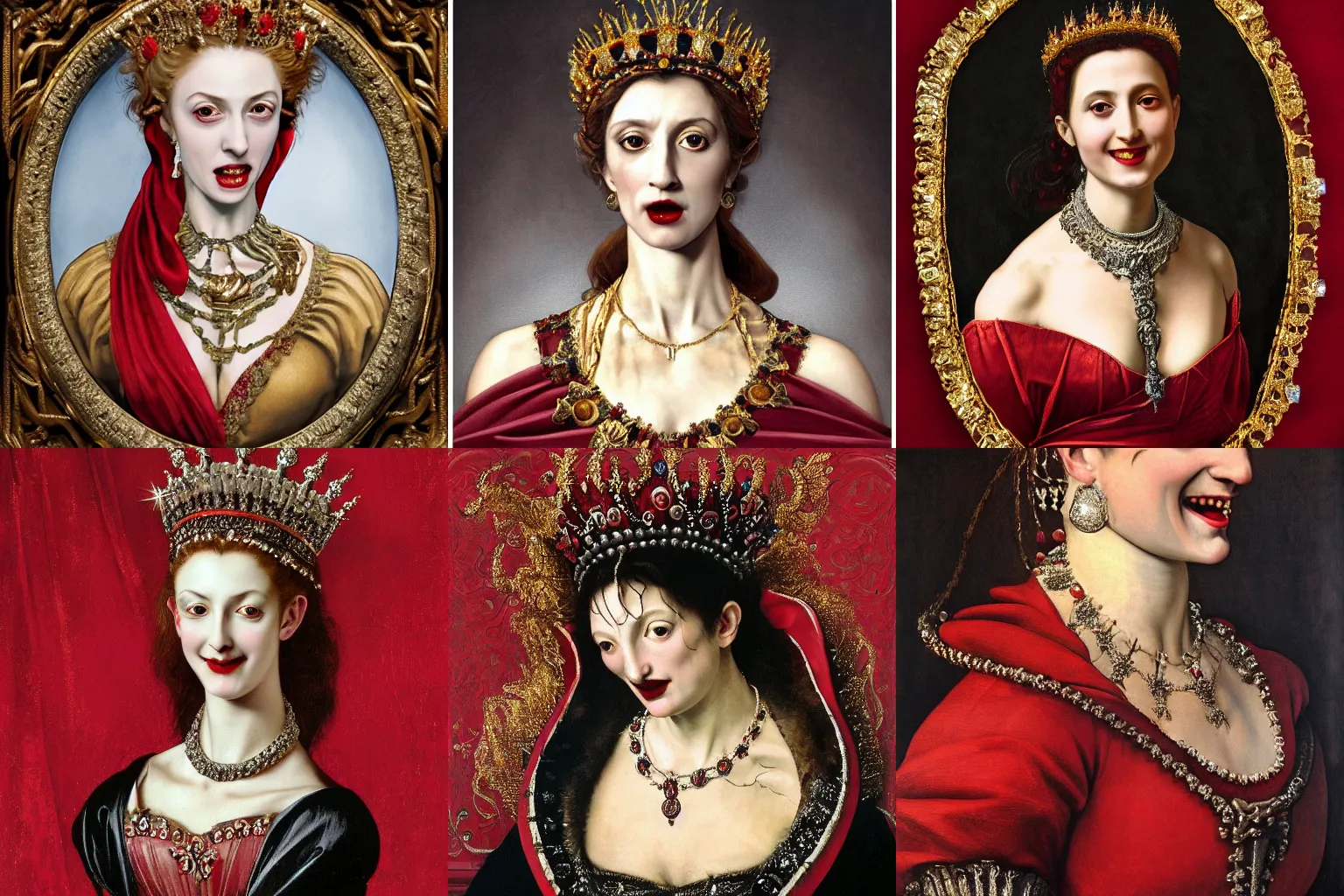 Image similar to A extremely highly detailed majestic hi-res beautiful head and shoulders painting of a beautiful bloody vampire woman with fangs wearing a long royal red silk dress, the crown jewels is on her head and around her neck is a ornate golden necklace decorated with diamonds and rupees and she is smiling wickedly by Michelangelo Merisi da Caravaggio, high detail, hyperrealistic, photorealistic, octante render, cinematic, high textures, royaltly, royal, hyper sharp, 4k insanely detailed and intricate, hypermaximalist, 8k, hyper realistic, super detailed, 4k HDR hyper realistic high,