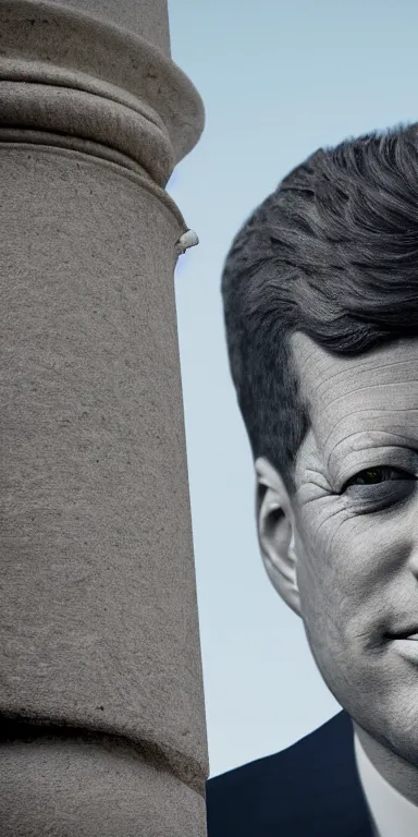 Prompt: a photorealistic detailed portrait of john f kennedy, with a single eroded corinthian column in the foreground, partially submerged in a deep blue lake, raytracing, 8k, octane render, vivid, beautiful, hyperrealism”