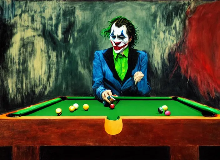 Image similar to the joker playing pool, vincent lefevre and hernan bas and pat steir and peter doig and hilma af klint, psychological, photorealistic, dripping paint, washy brush, rendered in octane, altermodern, masterpiece