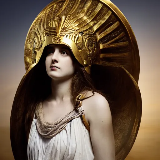 Prompt: a beautiful medium shot of athena the ancien greek goddess as a beautiful model looking of into the distance, wearing an antique athenian warrior helmet, wearing an ancien greek white tunic with bleu patterns, beautiful natural backlit light failing on her face, golden hour, by annie leibowitz