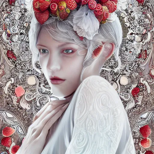 Image similar to the portrait of an absurdly beautiful, graceful, elegant, sophisticated, fashionable young woman made of strawberries and white petals looking down, an ultrafine hyperdetailed illustration by kim jung gi, irakli nadar, intricate linework, bright colors, octopath traveler, final fantasy, unreal engine 5 highly rendered, global illumination, radiant light, detailed and intricate environment