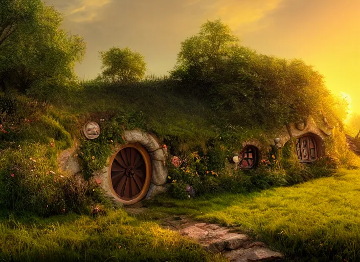 Prompt: sunrise, spring, hobbit's house, shire, hobbiton landscape by levitan, masterpiece, trending on artstation, cinematic composition, beautiful lighting, sharp, details, hyper - detailed, hd