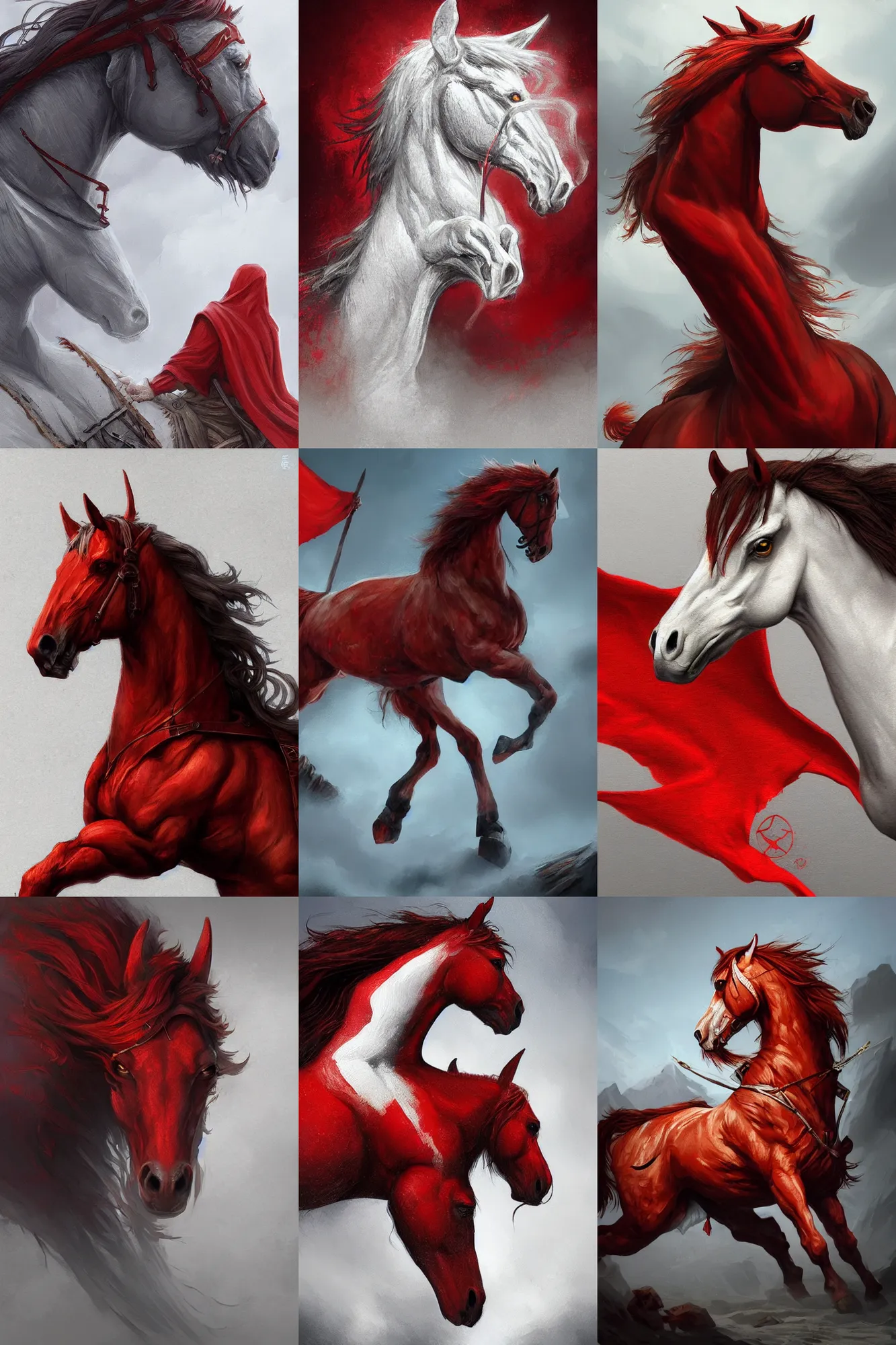 Prompt: red old slavic horse symbol on white flag, highly detailed, digital painting, artstation, concept art, sharp focus, illustration, rutkowski, raphael lacoste, magali villeneuve