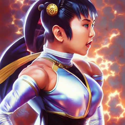 Image similar to miley cyrus as chun li from street fighter, kicking, 4 k, ultra realistic, detailed focused art by artgerm and greg rutkowski and alphonse mucha