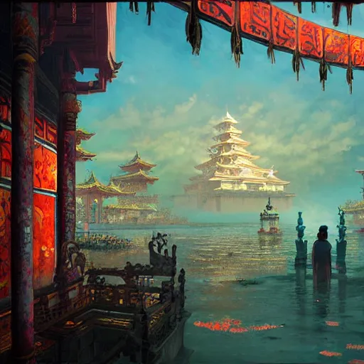 Prompt: asian temple under the sea, retrowave art, cyberpunk, realistic, ultradetailed, concept art, art by greg rutkowski and thomas kinkade, trending on artstation, devianart, cgsociety