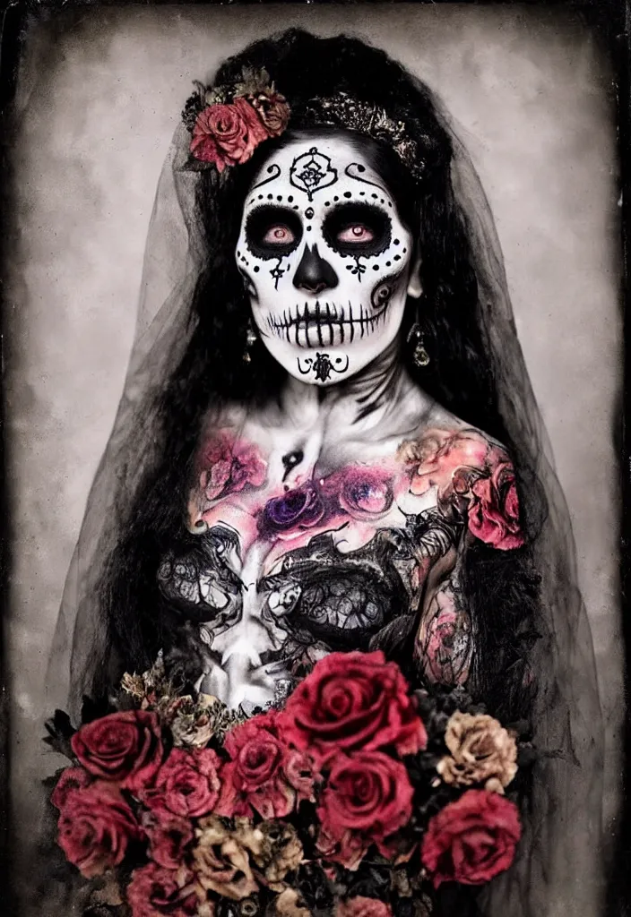 Prompt: tintype full body view, veiled dia de muertos dress and make up, horrific beautiful vibe, evocative, atmospheric lighting, painted, intricate, highly detailed,