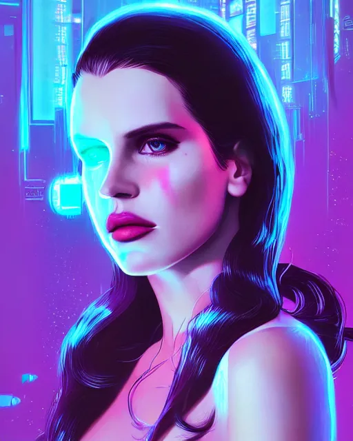 Image similar to portrait of lana del rey as a cyberpunk cyborg. sci - fi intricate abstract. intricate artwork, tear drops, roses, by tooth wu, wlop, beeple, dan mumford. concept art, octane render, trending on artstation, greg rutkowski, asymmetrical, cinematic arthouse, key art, hyper realism, iridescent accents