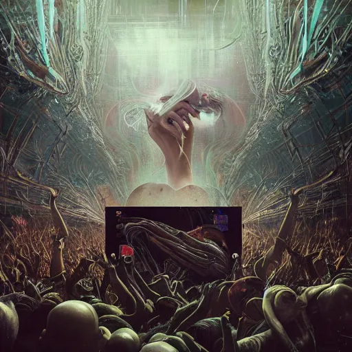 Prompt: dj at rave, art by tristan eaton, stanley artgermm, tom bagshaw, greg rutkowski, carne griffiths, ayami kojima, beksinski, giger, trending on deviantart, photorealistic, vray, hdr, hyper detailed, dramatic lighting, octane render, weta digital, 3 d sculpture