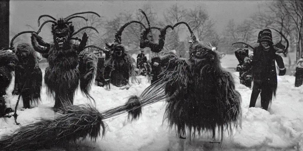 Image similar to 1 9 2 0 s photography of krampus hay monsters submerged in snow