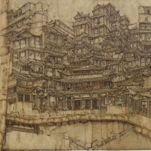 Prompt: sketches of kowloon walled city drawn by leonardo davinci on stained and crumbled paper, highly detailed, intricate, high quality scan