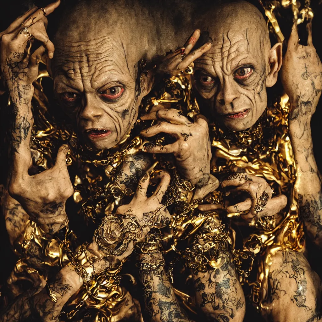 Prompt: gollum proudly wearing gold in a dungeon, bling, hip hop style, tattoos, exaggerated features, imax, foggy atmosphere, bokeh, professional studio shot, stylized photo