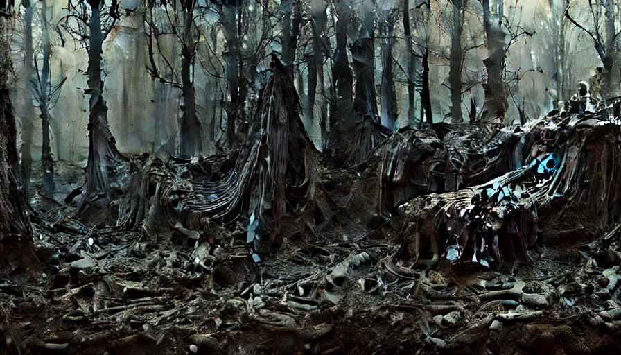 Prompt: a witch in the forest, rotting, blood, night, death, fear, horror, religion, hyperrealism, detailed and intricate environment, by giger, by greg rutkowski