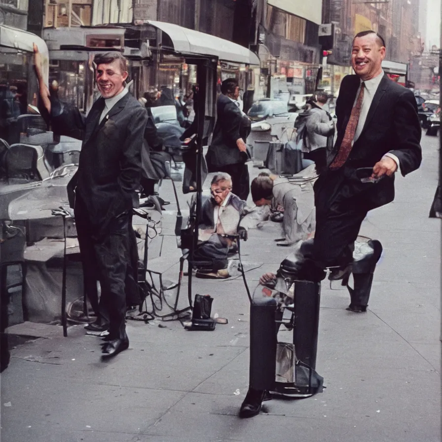 Image similar to portrait of a happy man in a suit in the streets of new york, 1 9 6 0 s, colour film street photography, photo taken with ektachrome, featured on flickr, photographed on damaged film