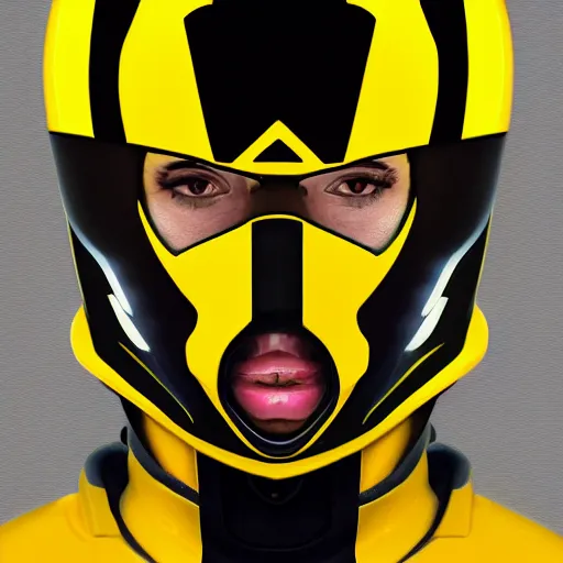 Image similar to symmetry!! yellow ranger, thunderbolt shaped eyeshade, artstation, lightning helmet, 3 d, jumpsuit, gloves, futuristic logo,