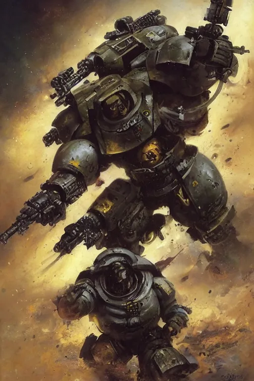 Prompt: to a space marine the boltgun is far more than a weapon, it is an instrument of mankind's divinity, the bringer of death to his foes, whose howling blast is a prayer to the gods of battle., by ryohei hase, by john berkey, by jakub rozalski, by john martin