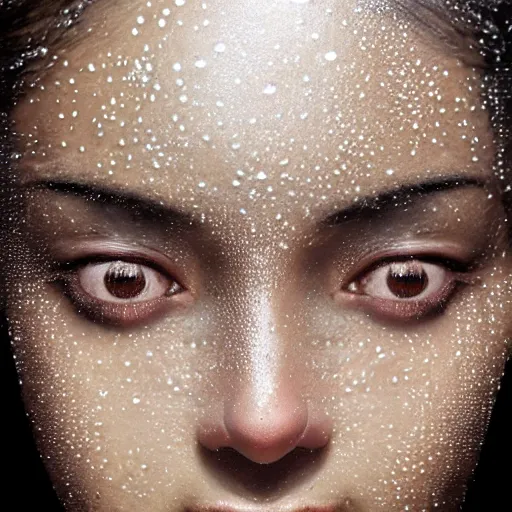 Image similar to closeup of sweating forehead with sweat on it, big drops of sweat, big beads of sweat, sweat drops, airbrush painting, forehead only, by Hajime Sorayama, symmetric face, beautiful face, highly realistic, star flares, trending on artstation, beautiful lighting, sharp, details, hyper-detailed, HD, HDR, 4K, 8K