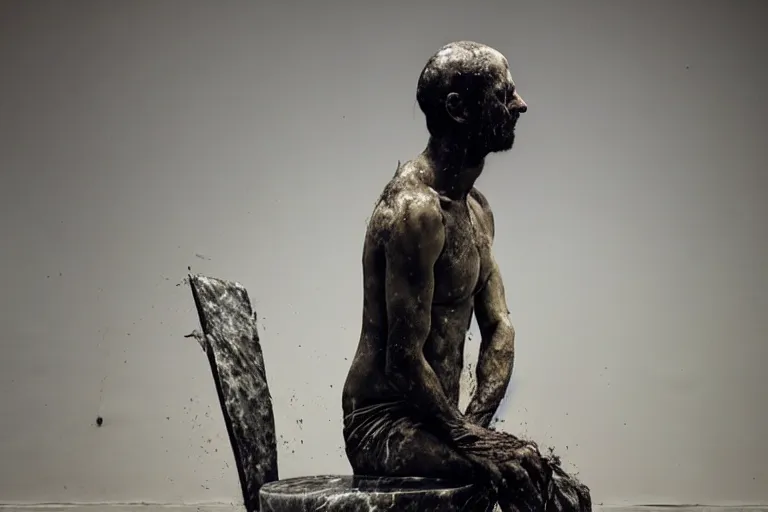 Image similar to a sculpture of a person sitting on top of a chair, a marble sculpture by nicola samori, behance, neo - expressionism, marble sculpture, apocalypse art, made of mist