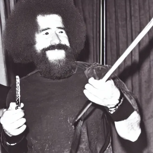 Prompt: bob ross at a black metal concert