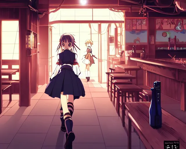 Image similar to anime visual, portrait of a young female walking through a busy tavern interior, face by yoh yoshinari, murata range, last exile, blue submarine no 6, dynamic pose, dynamic perspective, detailed silhouette, cel shaded anime