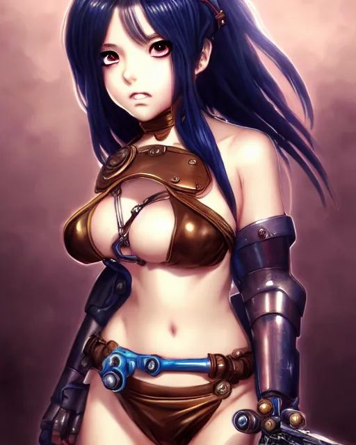 Image similar to portrait Anime Girl in bikini armor steampunk cute-fine-face, pretty face, realistic shaded Perfect face, fine details. Anime. Bioshock steampunk realistic shaded lighting by katsuhiro otomo ghost-in-the-shell, magali villeneuve, artgerm, rutkowski Jeremy Lipkin and Giuseppe Dangelico Pino and Michael Garmash and Rob Rey