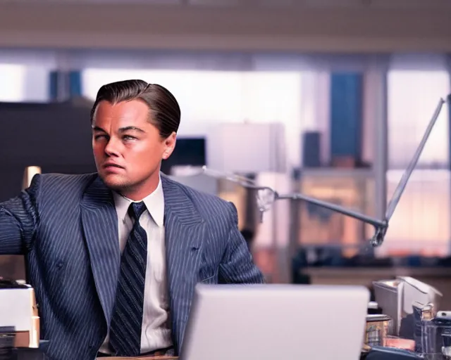 Image similar to leonardo dicaprio as the wolf of wall street, cinamtic, long shot, hyper detailed, 8 5 mm photograph, 8 k resolution, film still, sharp lens, wide lens