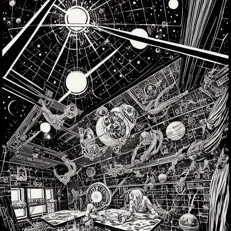 Prompt: ancient alchemist wizards laboratory, ceiling open to outerspace, high details, intricate clean line art, by vincent di fate, inking, 3 color screen print, masterpiece, trending on artstation, sharp, high contrast, hyper - detailed, hd, 4 k, 8 k