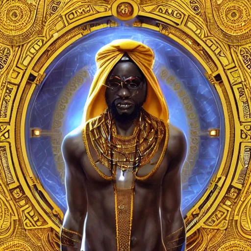 Image similar to symmetry!! an african moor wearing white robes and turban entering the voidspace. ornate, golden, steampunk stargate. front game card. marvel comics. dark. intricate. highly detailed. smooth. artstation. digital illustration by ruan jia, mandy jurgens, artgerm, wayne barlowe, greg rutkowski, and zdislaw beksinsk.