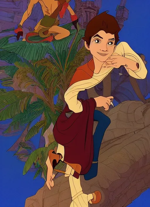 Image similar to skinny young tom holland as prince ali ababwa, iago perched nearby, natural lighting, path traced, highly detailed, high quality, beautiful digital painting, by don bluth and ross tran and studio ghibli and alphonse mucha, artgerm