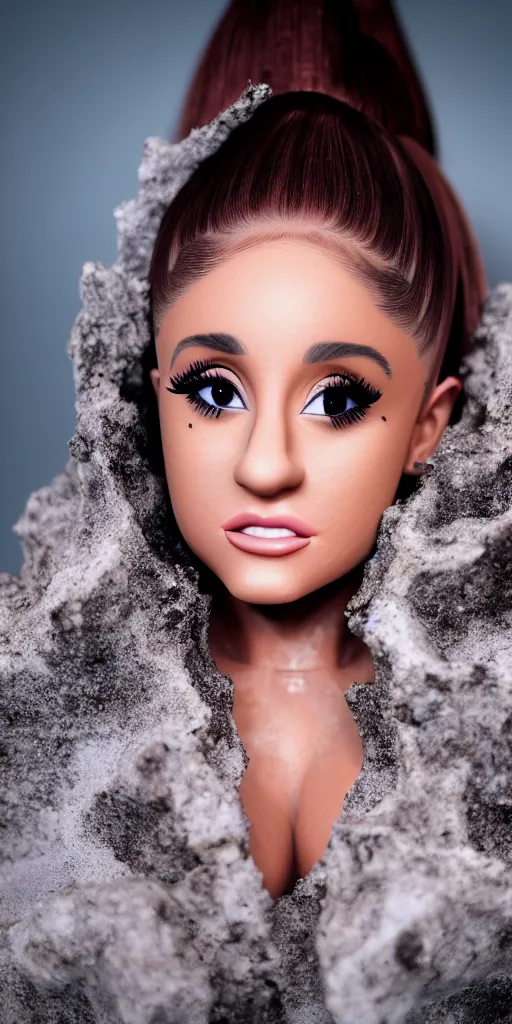 Image similar to professional photo shot of a ariana grande made of clay, rocks in the background, surrounded by of fog, grimy, gritty, trending on artstation, award winning, close shot, by aleks labuda and barry webb