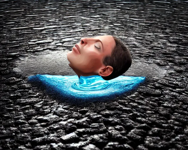 Image similar to water art manipulation of a realistic human head coming out of the ground, surreal, hyper realistic, ray tracing, realistic water, sharp focus, 8 k resolution, cinematic