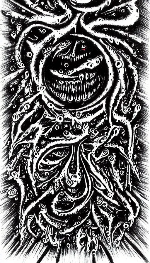 Image similar to a storm vortex made of many demonic eyes and teeth, by ed roth