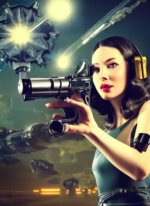 Image similar to a vintage Raypunk depiction of a woman holding a raygun blaster, octane render, action shot, motion blur, subsurface scattering, life like, intricate detail, 4K HD
