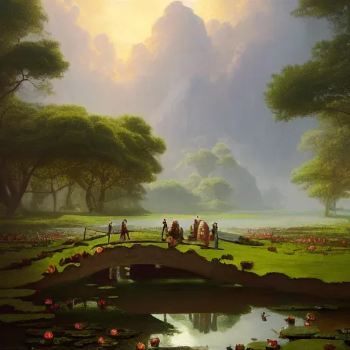 Prompt: beautiful matte painting of an ancient waterlily pond of art By Andreas Rocha, John Howe, Martin Johnson Heade, featured on artstation, featured on behance, Featured on illustrationx, featured on conceptartworld, cinematic, cinematic lightning, concept art, landscape photography composition, f32