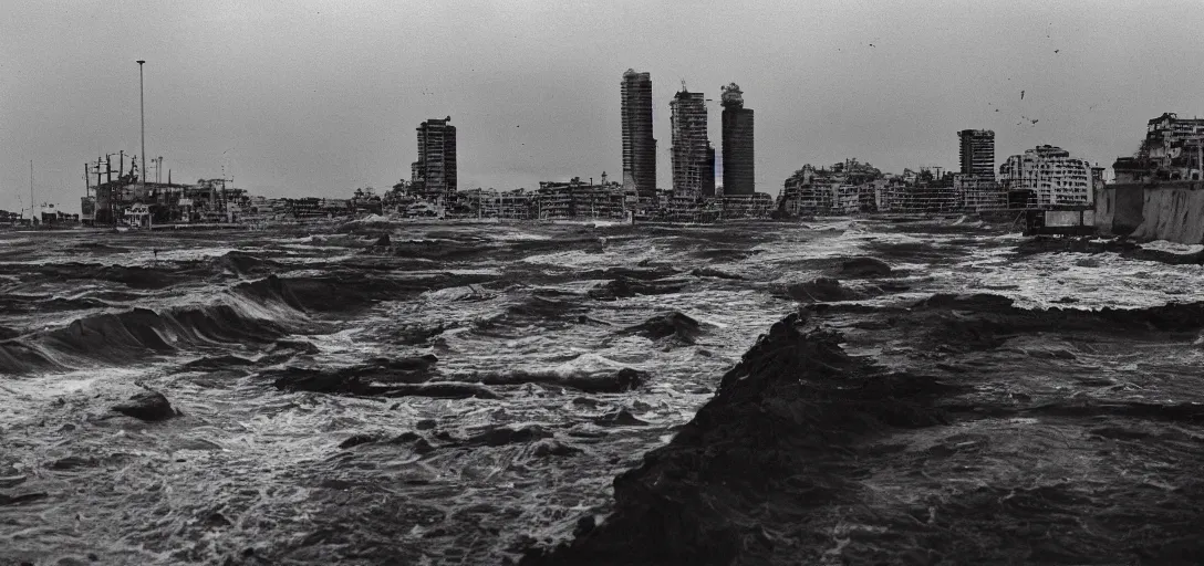 Prompt: apocaliptic Portrait of the city of Mar del Plata with a offshore oil dripping , by stephen Shore and Arthur Adams , epic composition 35mm, 8k