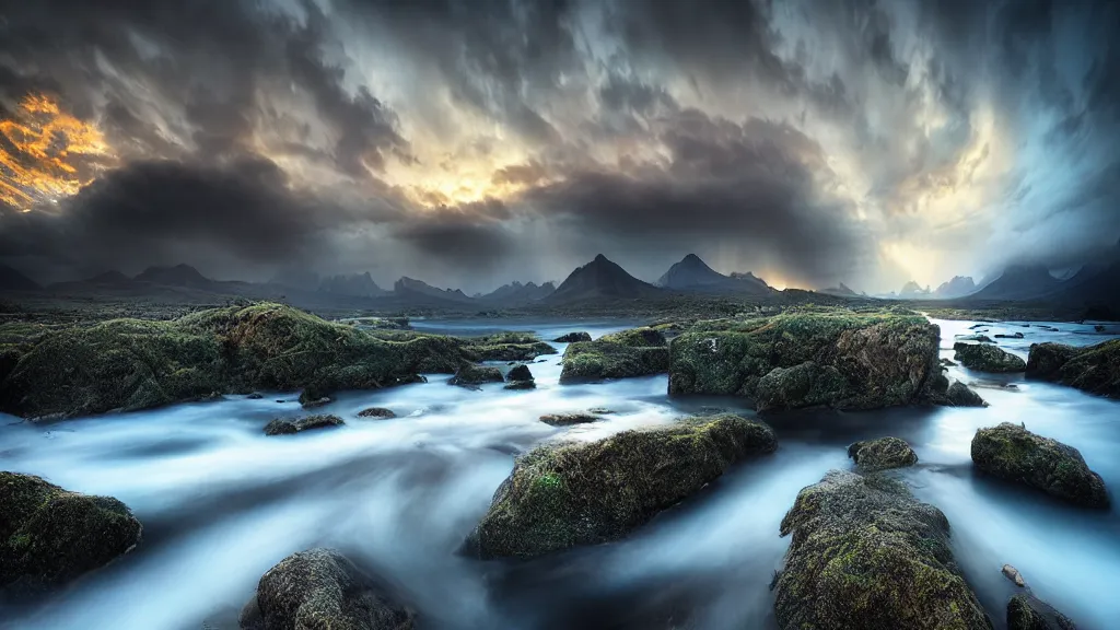 Image similar to amazing landscape photo by marc adamus, beautiful dramatic lighting