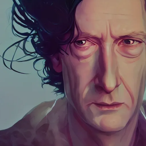 Image similar to closeup portrait of Neil Gaiman as The Sandman, pale skin, long black leather jacket, unruly hair, ambient lighting, 4k, anime key visual, lois van baarle, ilya kuvshinov, rossdraws, artstation