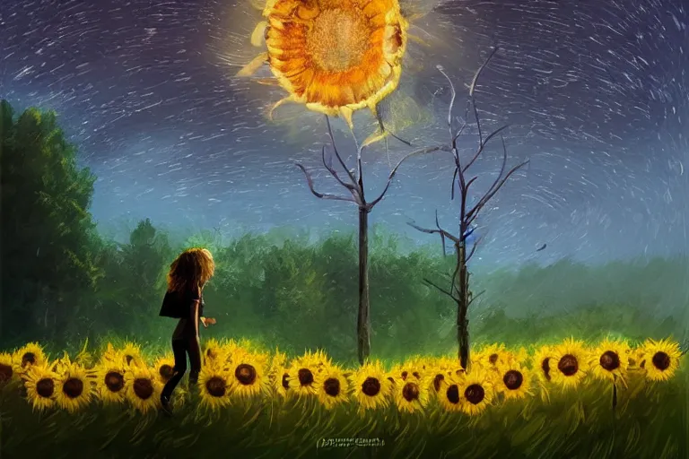 Image similar to giant sunflower as a face, girl walking between old trees, hills, surreal photography, dark night, star trails, dramatic light, impressionist painting, clouds, digital painting, artstation, simon stalenhag