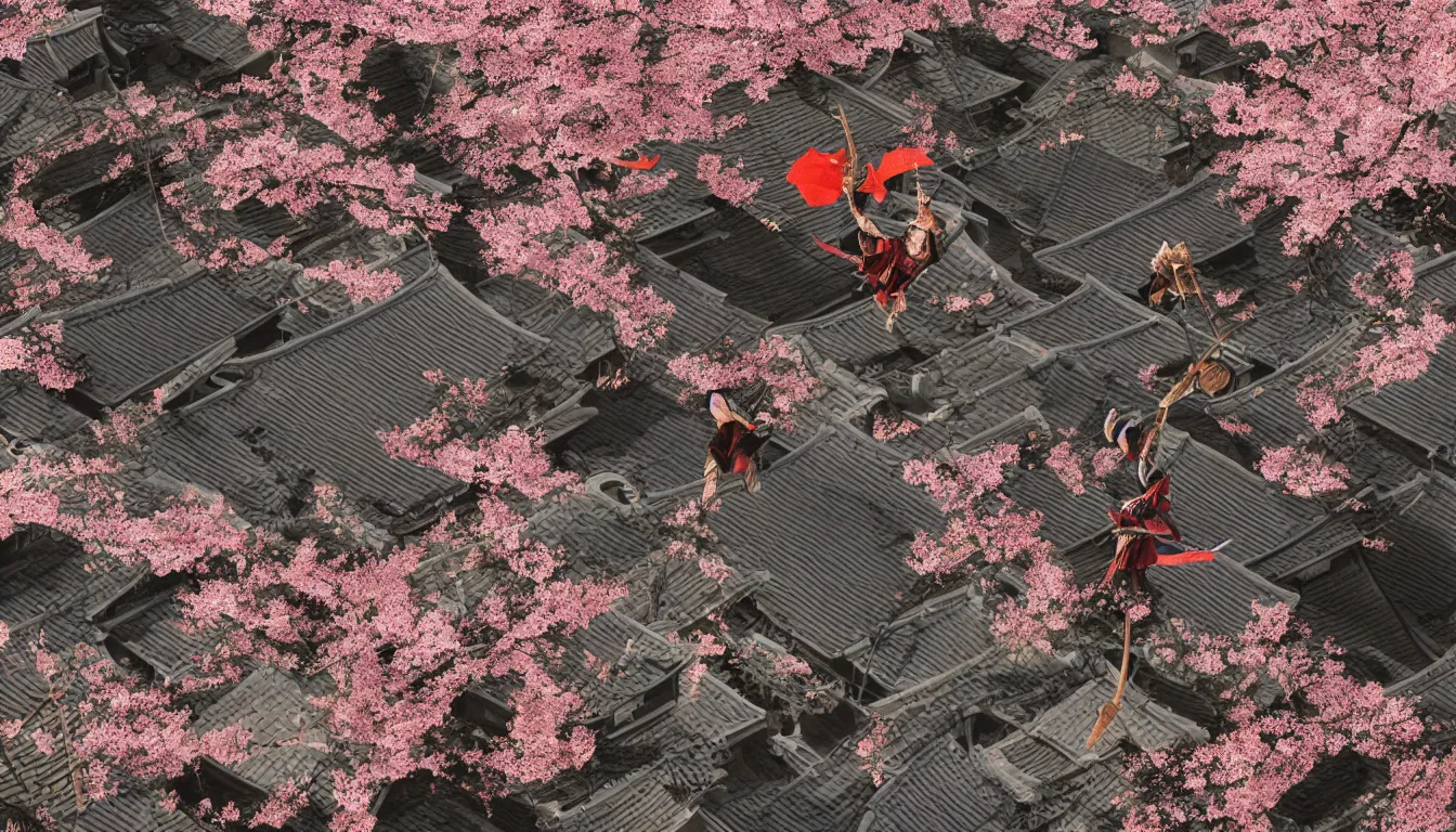 Prompt: samurai, jumping across rooftops, in a Japanese village, night time, surrounded by cherry blossom trees, highly detailed, stunning photo, cinematic lighting, perfect, 8K, ultra-detailed , Trending on artstation, Octane render, Unreal Engine,